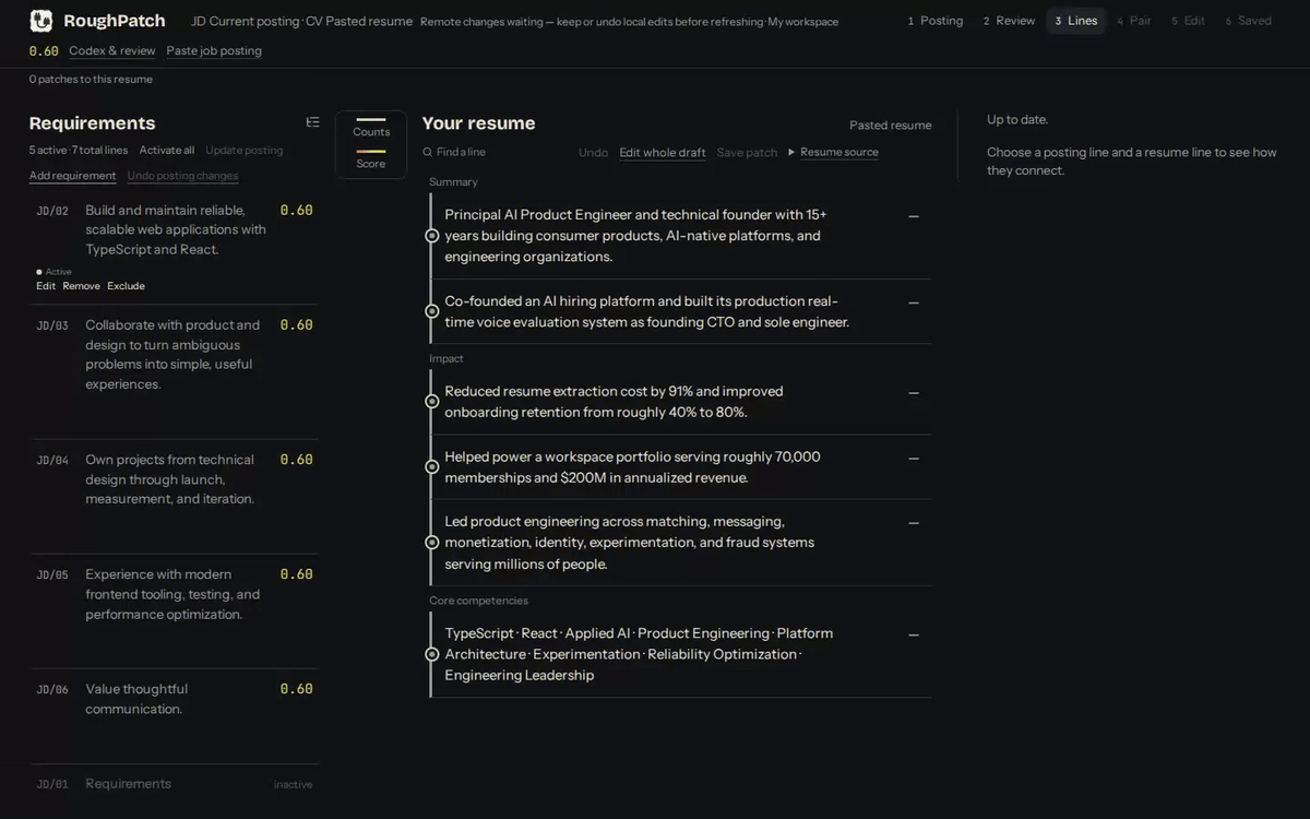 RoughPatch: choose which lines count, find a resume bullet and inspect the job-description requirement it answers.